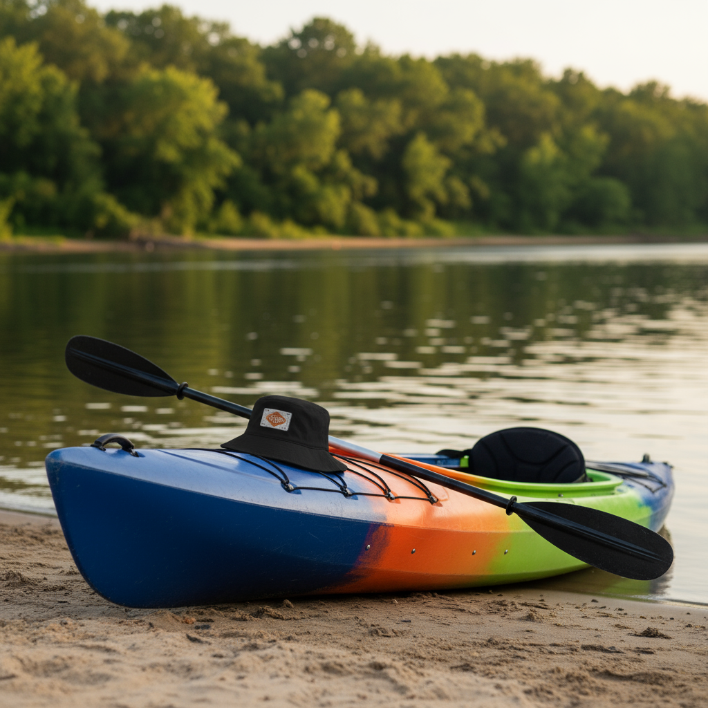 Bucket hat on kayak