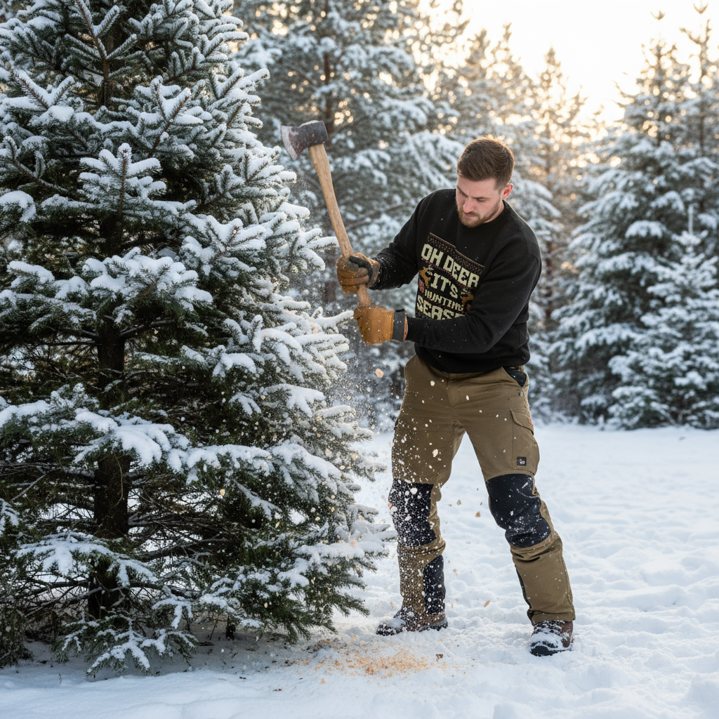 Hunting Season Sweatshirt - Cutting Christmas Tree Snowy Forest