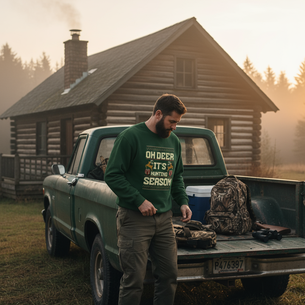 Hunting Season Sweatshirt Forest Green - Cabin Loading Truck