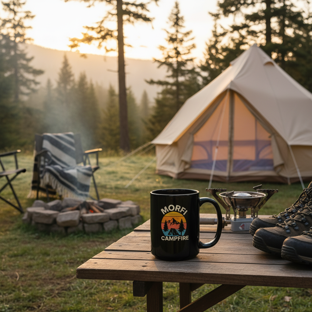 More Campfire Black Mug - Campsite Morning