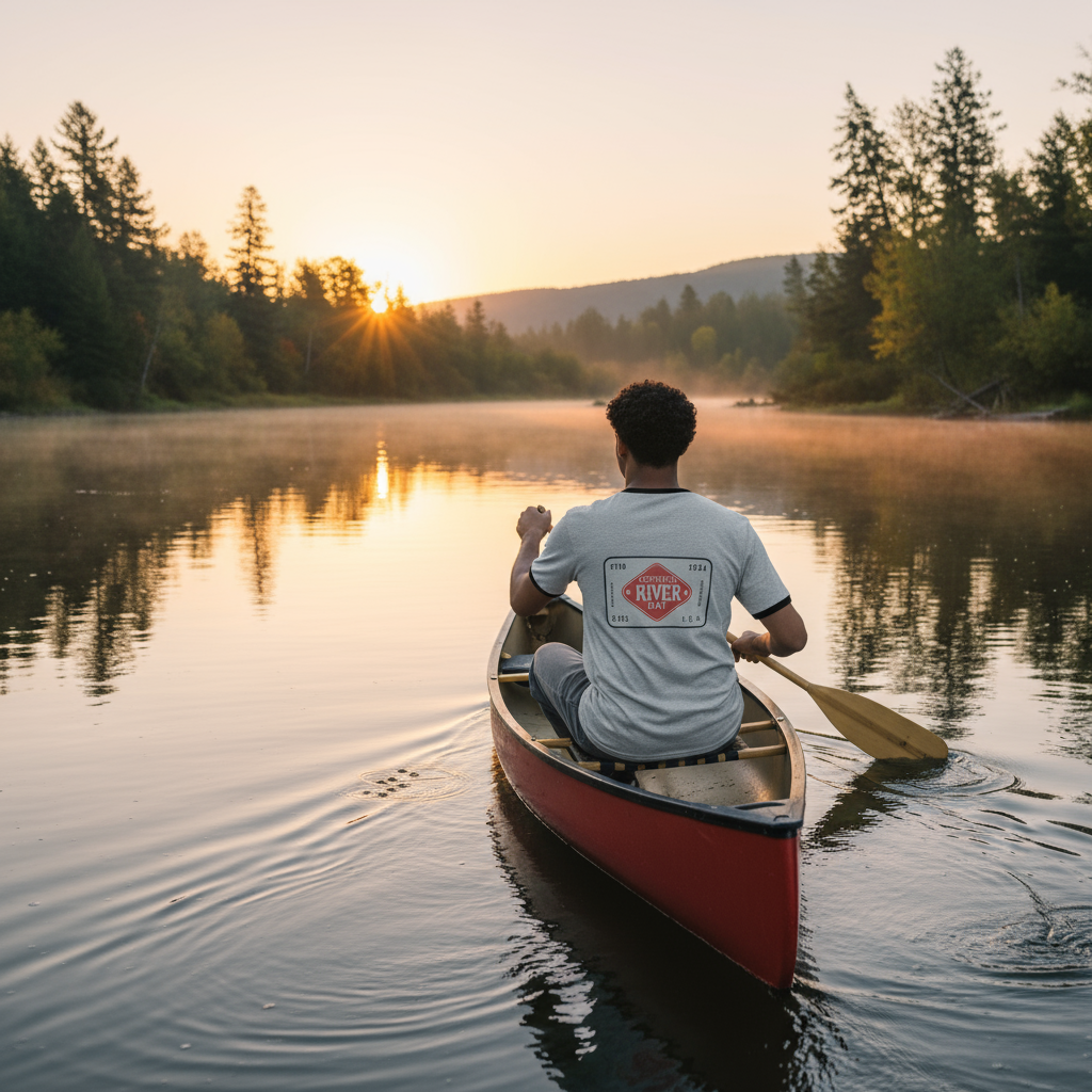 River Rat Ringer Tee Back - Paddling Canoe Sunrise